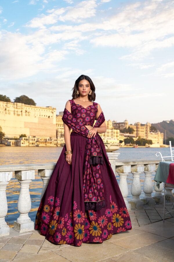 Elegance Floral Print With Foil Work Tussar Silk Lehenga Choli (Wine)