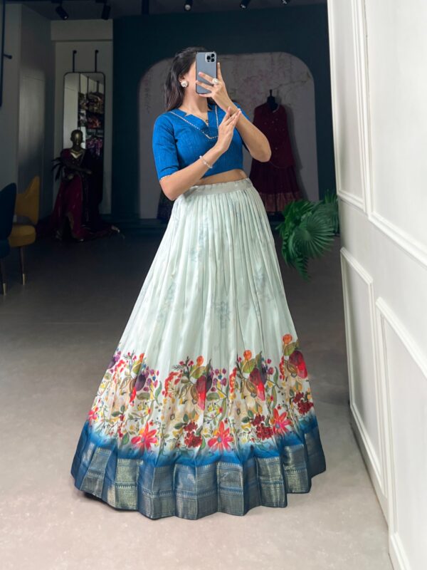 Floral Print With Zari Border Cotton Silk Gorgeous Lahenga Co-ord Set (Blue)