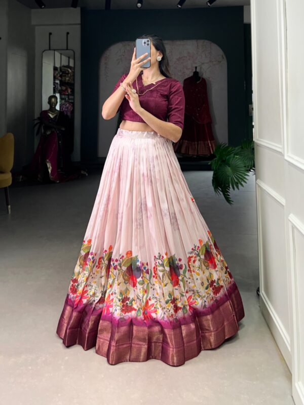 Floral Print With Zari Border Cotton Silk Gorgeous Lahenga Co-ord Set (Wine)