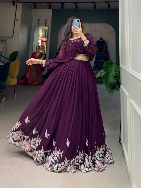 Elegance Sequins And Thread Embroidery Work Georgette Co-ord Set Lehenga Choli (Wine)
