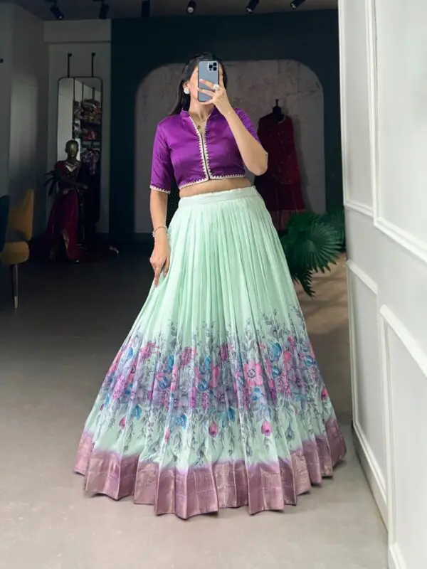 Floral Print With Zari Border Cotton Silk Lhenga Co-ord Set