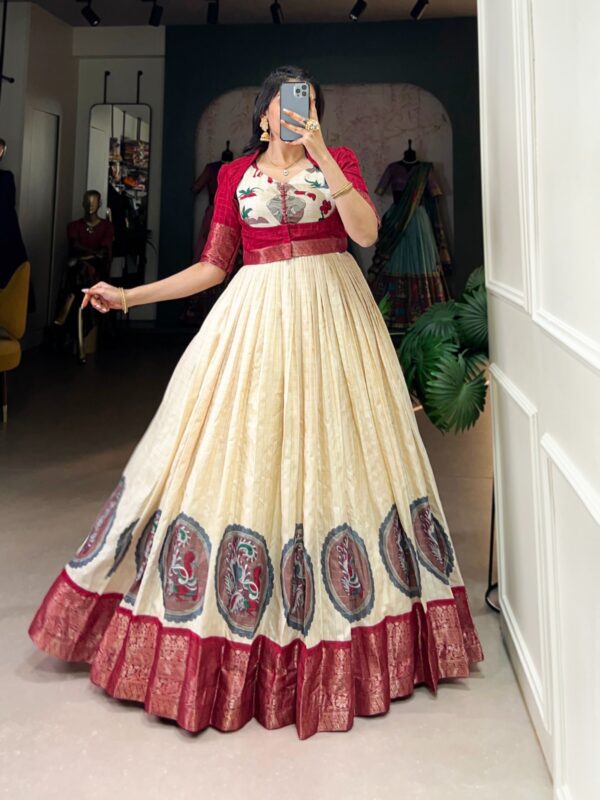 The Dola Silk Gown with Color Zari Weaving Work Kamalkari Print (Red)