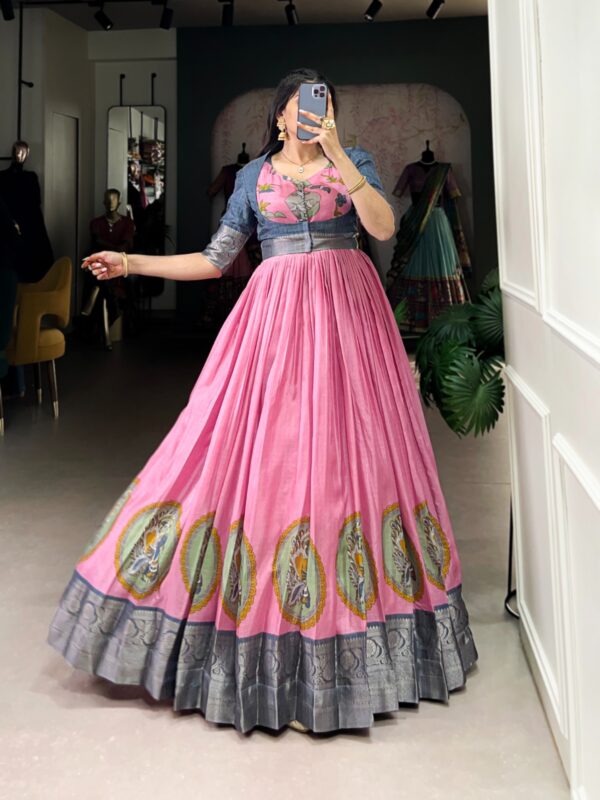 The Dola Silk Gown with Color Zari Weaving Work Kamalkari Print (Pink)