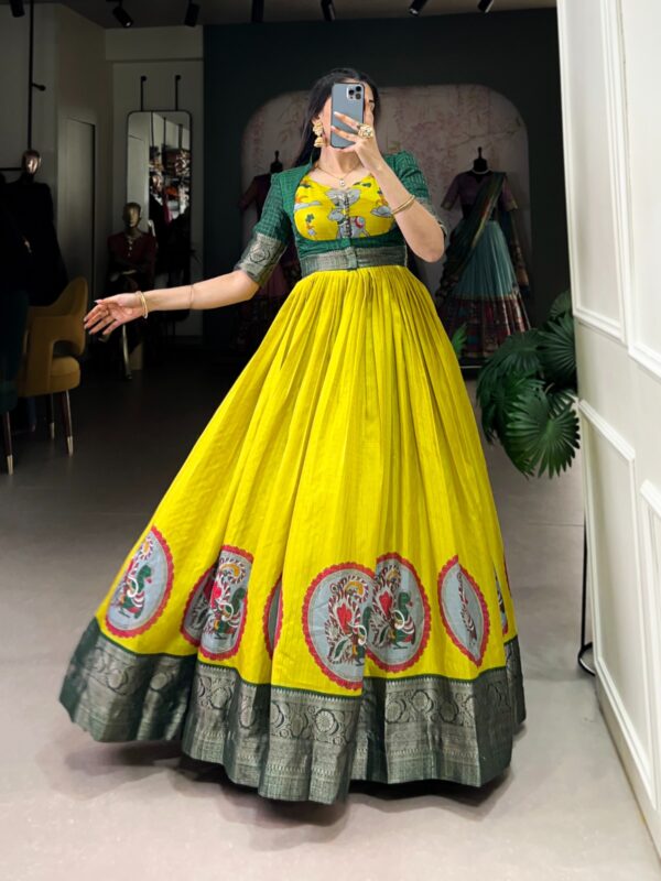 The Dola Silk Gown with Color Zari Weaving Work Kamalkari Print (Yellow)