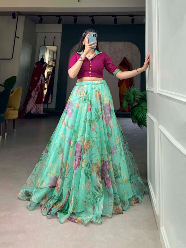 The Lightweight and Flowing Organza Lahenga Co-ord set (Green)