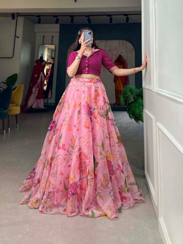 The Lightweight and Flowing Organza Lahenga Co-ord set (Pink)