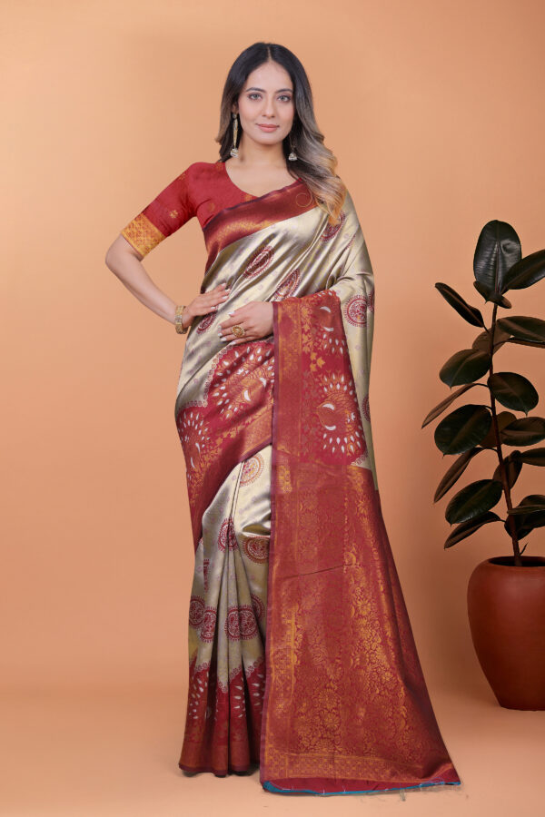 Royal Radiance Banarasi Silk Saree With Deep Rose Pink with Light Beige with Rich Maroon Border