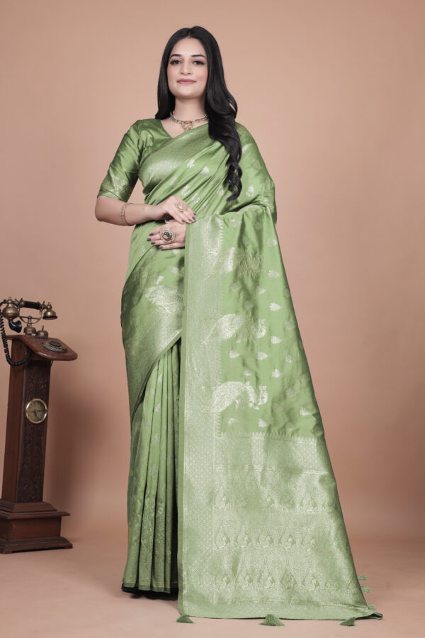 Lime Green Banarasi Silk Saree with Intricate Zari Peacock Motifs