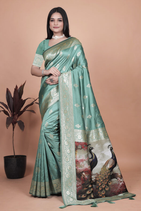 Elegant Peacock Motif Silk Saree In Sea Green Color with Gold Zari