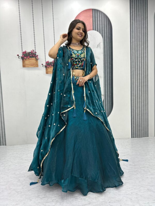 Trendy Lehenga with Unique Draped Dupatta – Contemporary Ethnic Wear (Rama)
