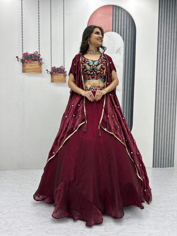 Trendy Lehenga with Unique Draped Dupatta – Contemporary Ethnic Wear (Maroon)